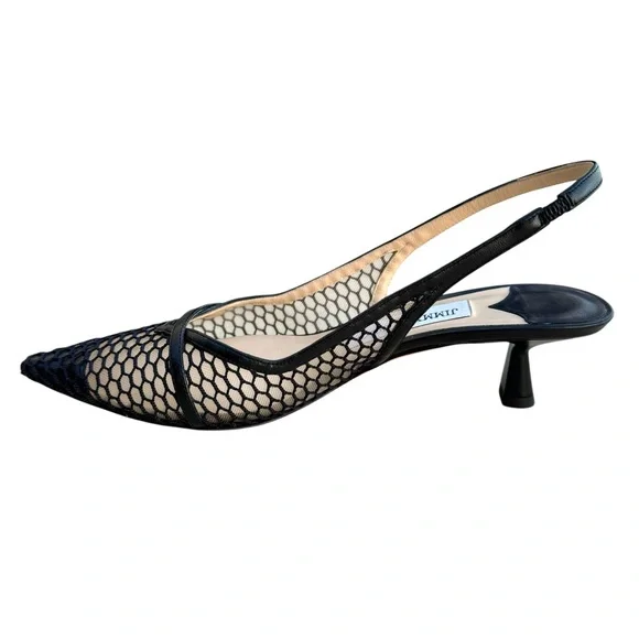 Jimmy Choo Amita 45 Black Slingback Nappa Leather Fishnet Mesh Kitten Heel Pump